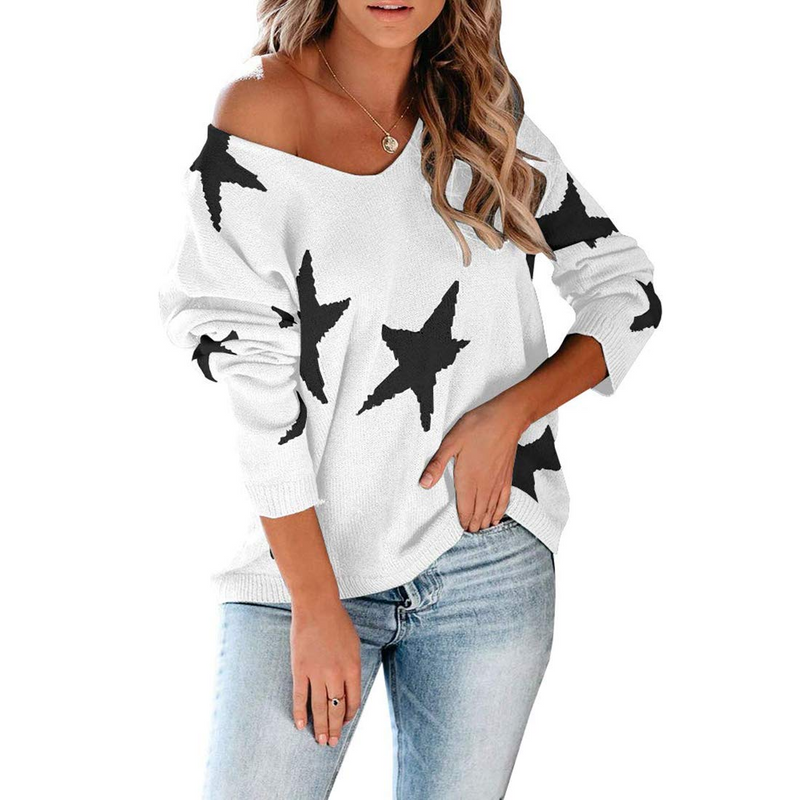 Sunisery Womens Long Sleeve Tops Blouse V-neck Vintage Star Printed Baggy  E-Girls Tops Tee Shirts Pullover Streetwear White L