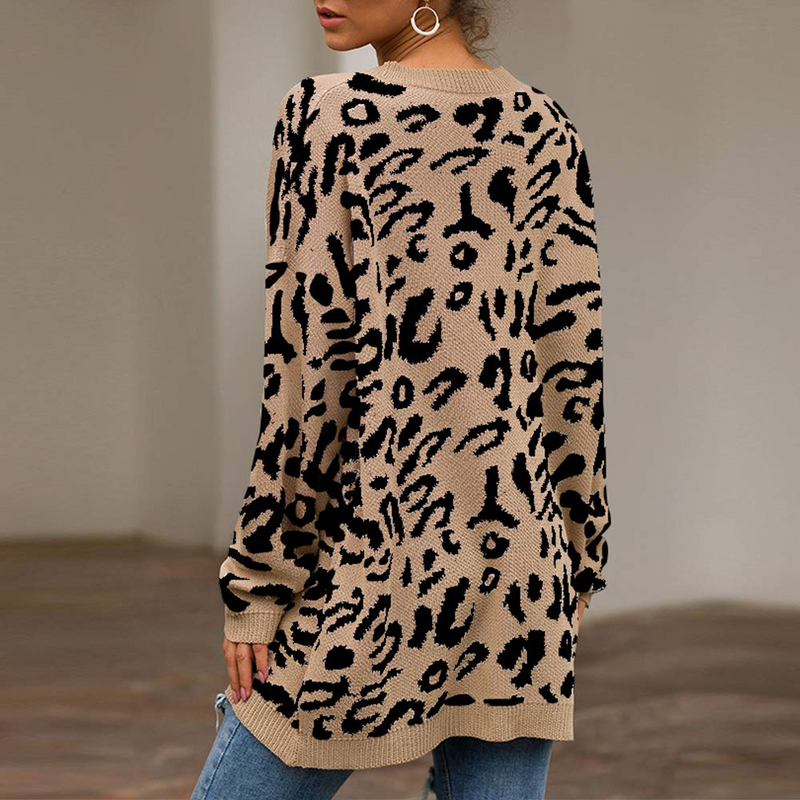 Women's Casual Sweater Leopard Print Long Sleeve Crewneck Knit